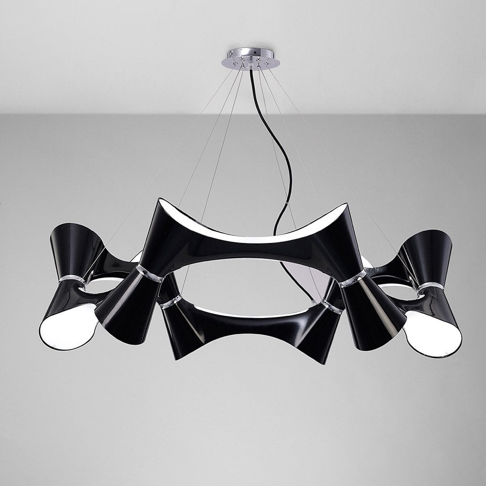 Elegant Ora Pendant Chandelier: 12 Twisted Lights in Gloss Black and Polished Chrome