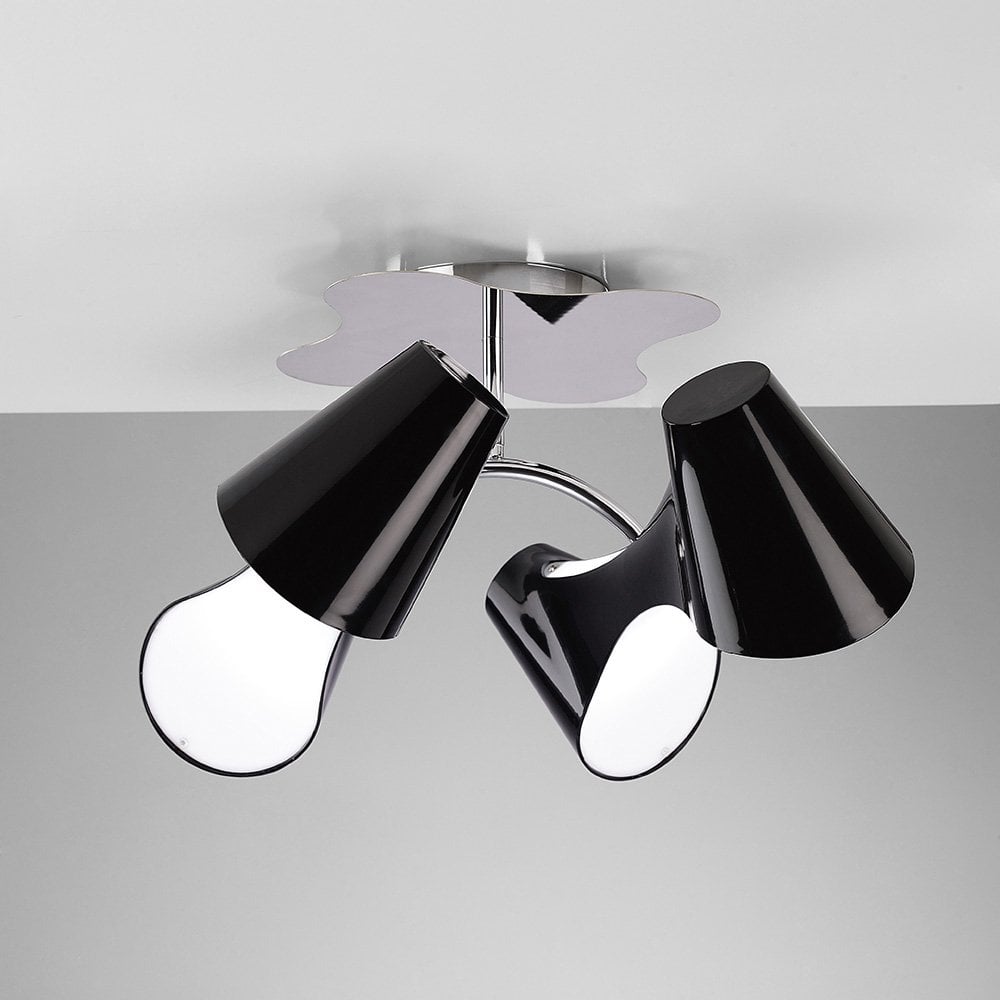 Elegant Ora Ceiling Light Fixture, Dual Arm, 4-Light E27, Black Finish with White Acrylic and Polished Chrome Detailing