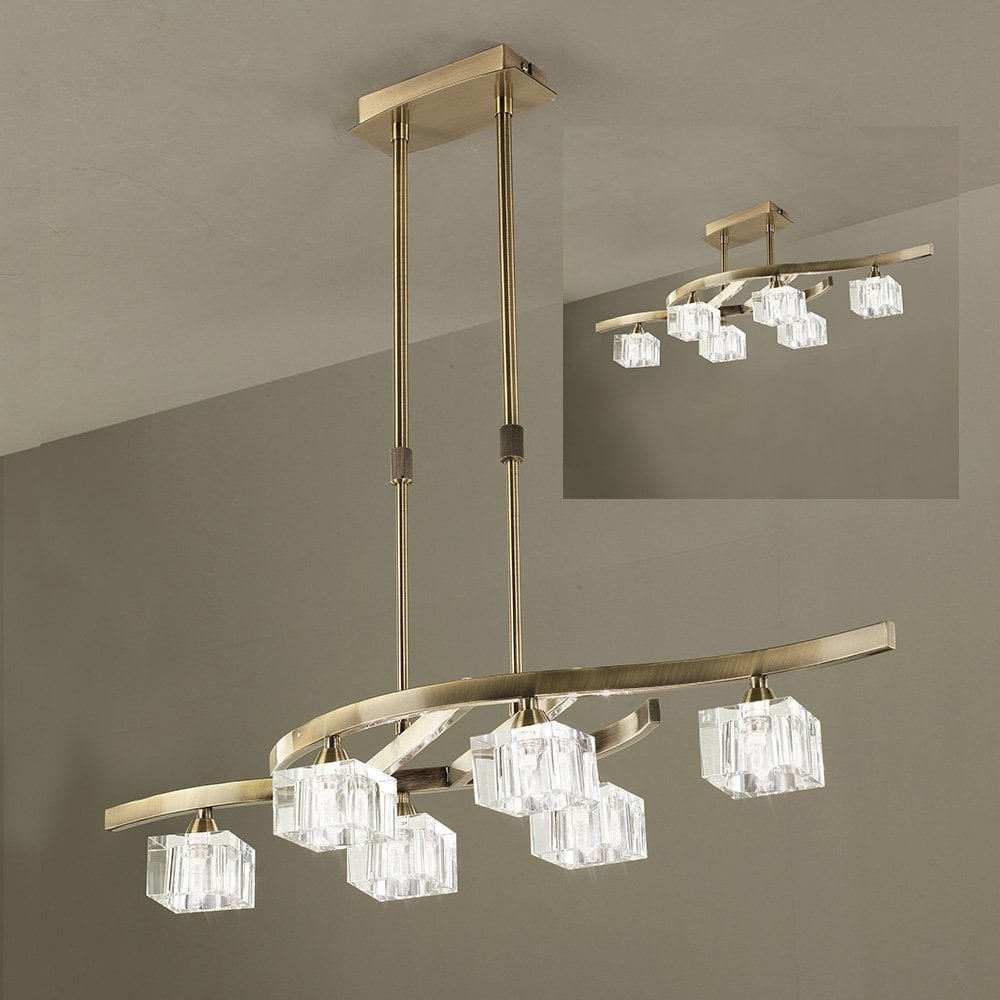 Cuadrax Antique Brass Telescopic Semi Flush 6 Light Fixture with Clear Glass Shades