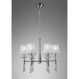 Tiffany Pendant Chandelier: 6+6 Lights, Polished Chrome with White Shades & Clear Crystal