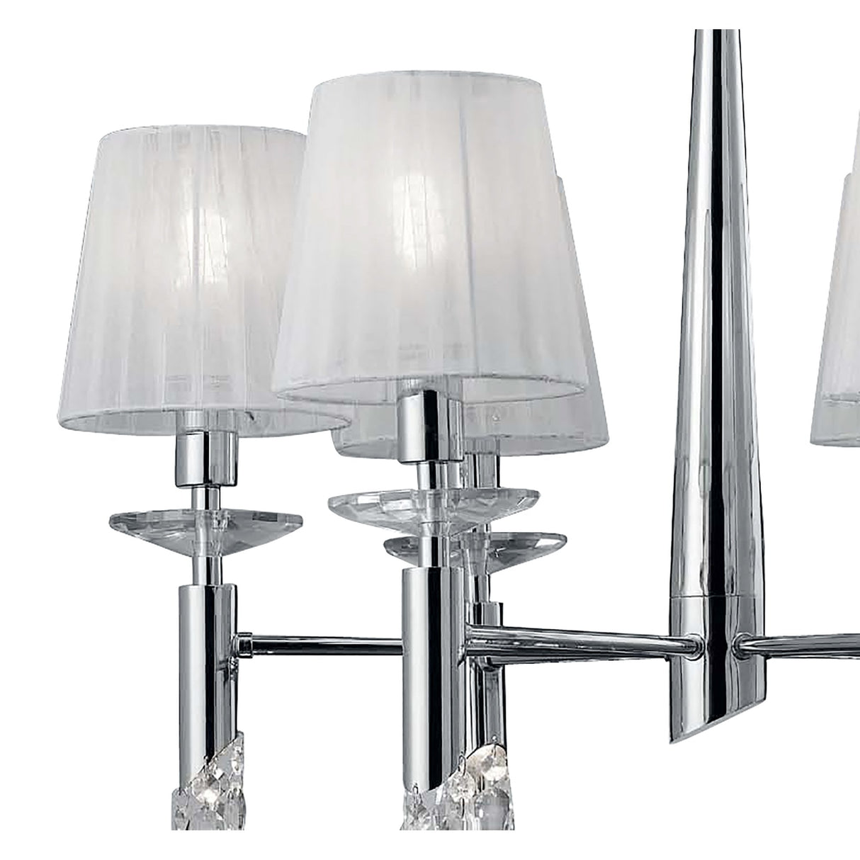 Tiffany Pendant Chandelier: 6+6 Lights, Polished Chrome with White Shades & Clear Crystal