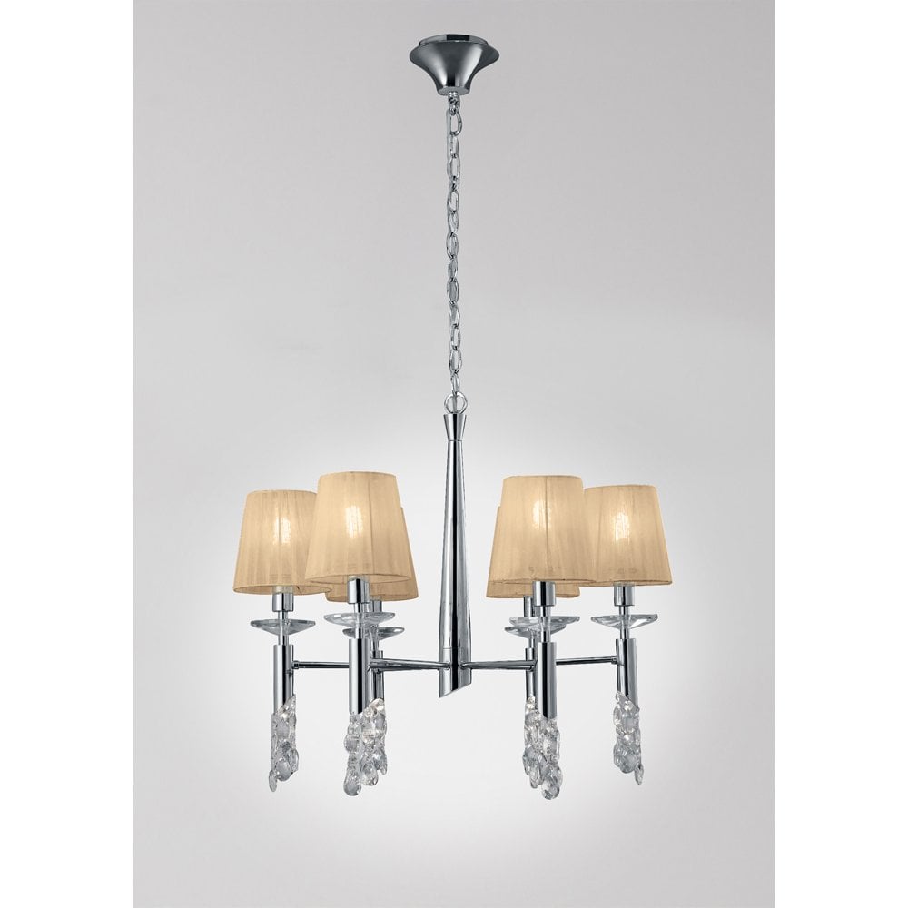 Tiffany Pendant Light: Polished Chrome with Soft Bronze Shades & Clear Crystal Cascade