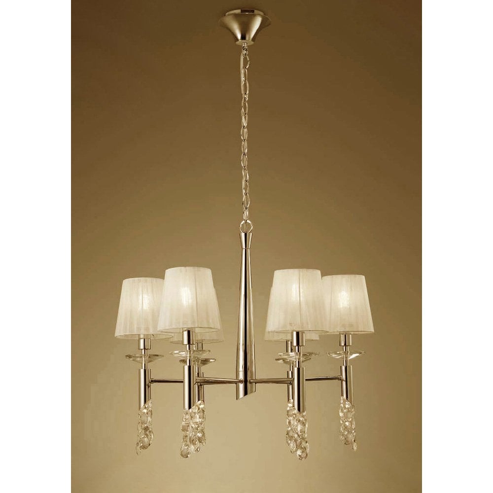 Tiffany Pendant Chandelier, French Gold & Cream Shades with Clear Crystal Elegance