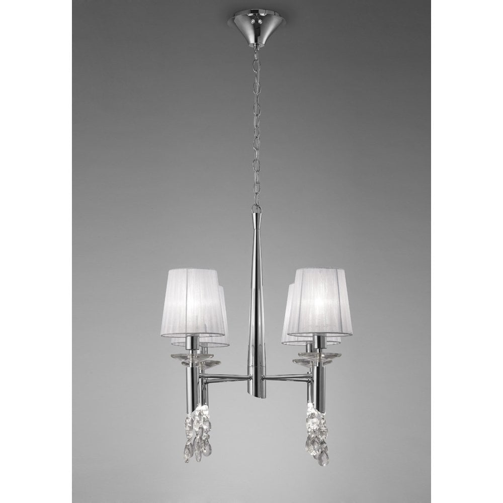 Elegant Tiffany 4+4 Light Pendant in Polished Chrome with White Shades & Clear Crystal Accents
