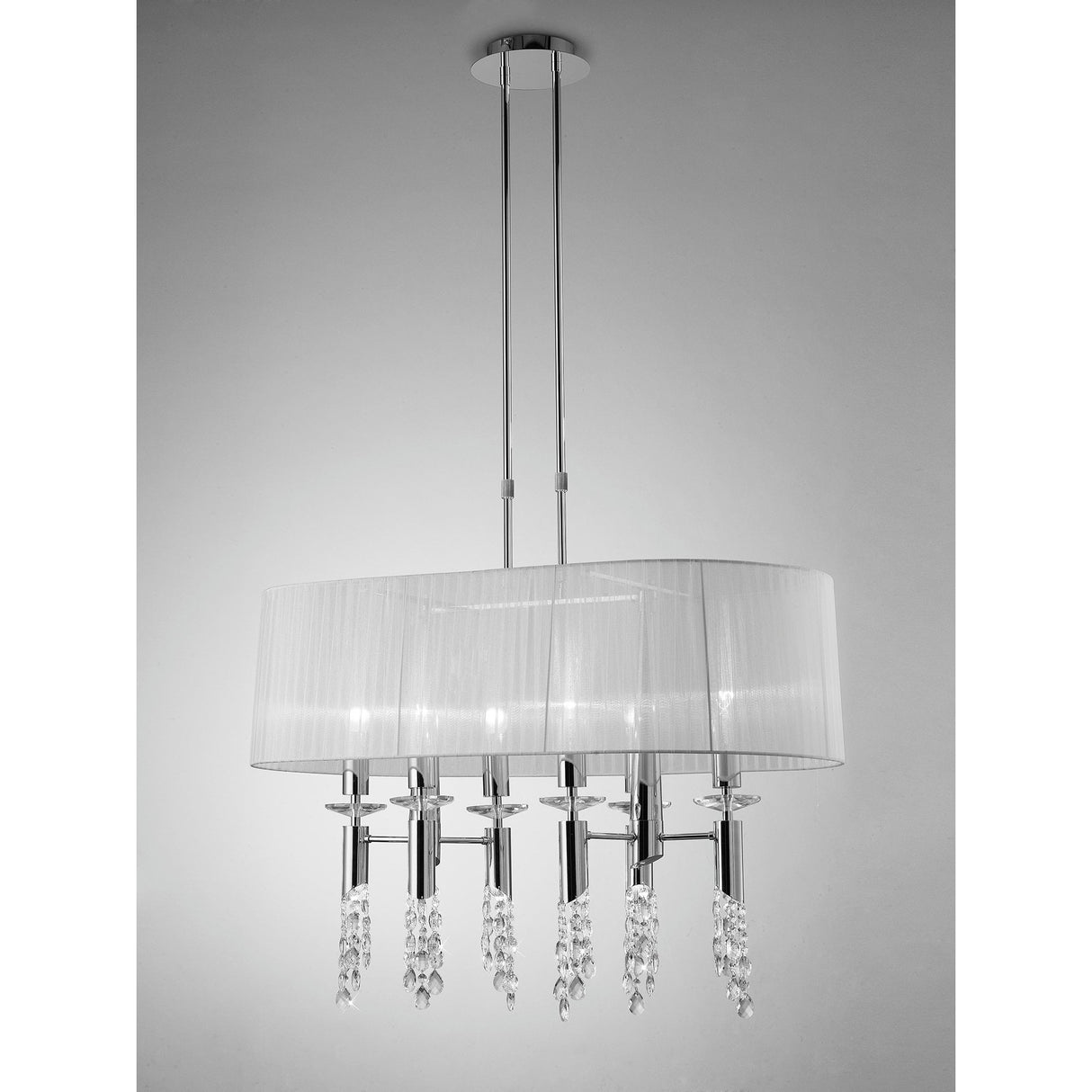 Tiffany Elegance 6+6 Light Oval Pendant in Polished Chrome with White Shade and Clear K9 Crystal