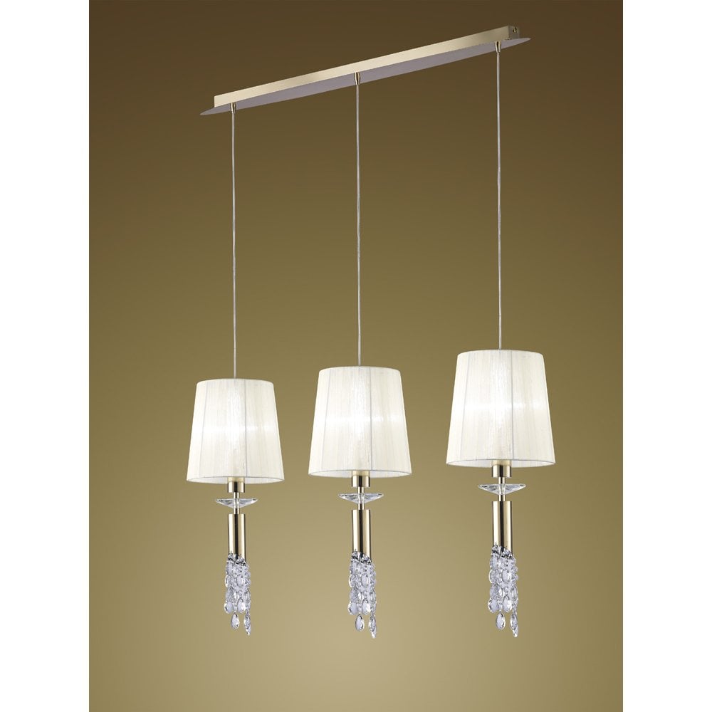 M3855FG Tiffany Pendant Light - French Gold, White Shades & Clear Crystal Elegance