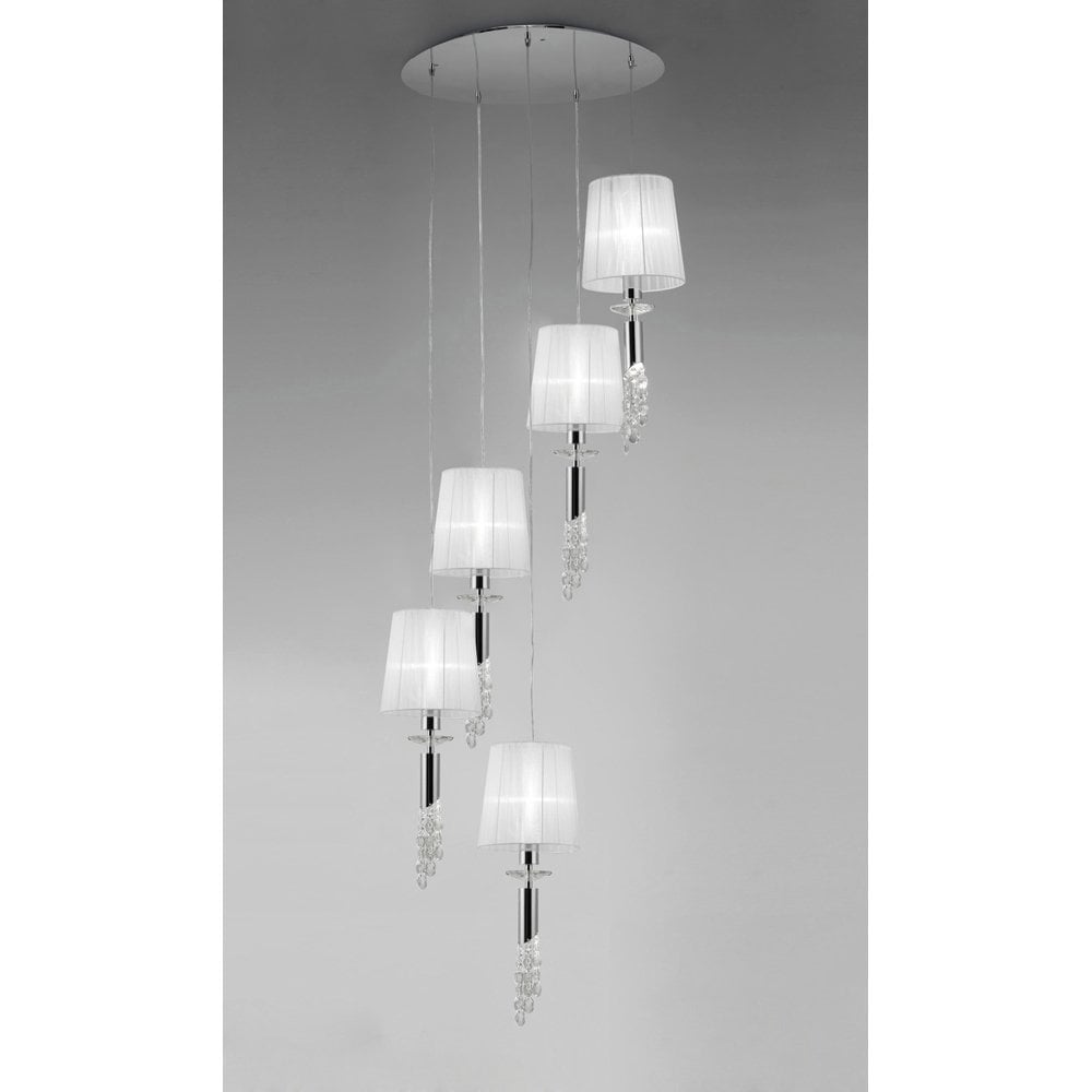Tiffany Spiral Pendant Light with White Shades & Clear Crystal in Polished Chrome Finish