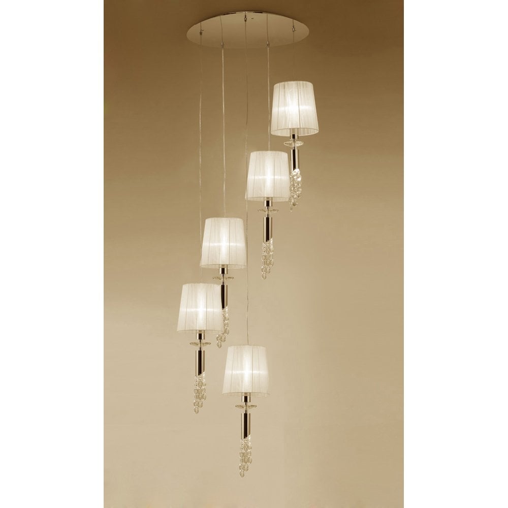 Elegant Spiral Tiffany Chandelier with Cream Shades and Clear Crystals in French Gold Finish