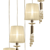Elegant Spiral Tiffany Chandelier with Cream Shades and Clear Crystals in French Gold Finish