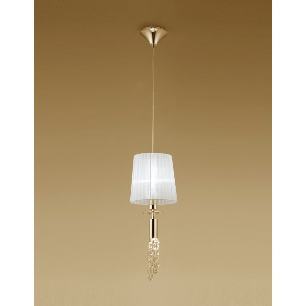 Tiffany 1+1 Light Pendant in French Gold with White Shade & Clear Crystal Accents