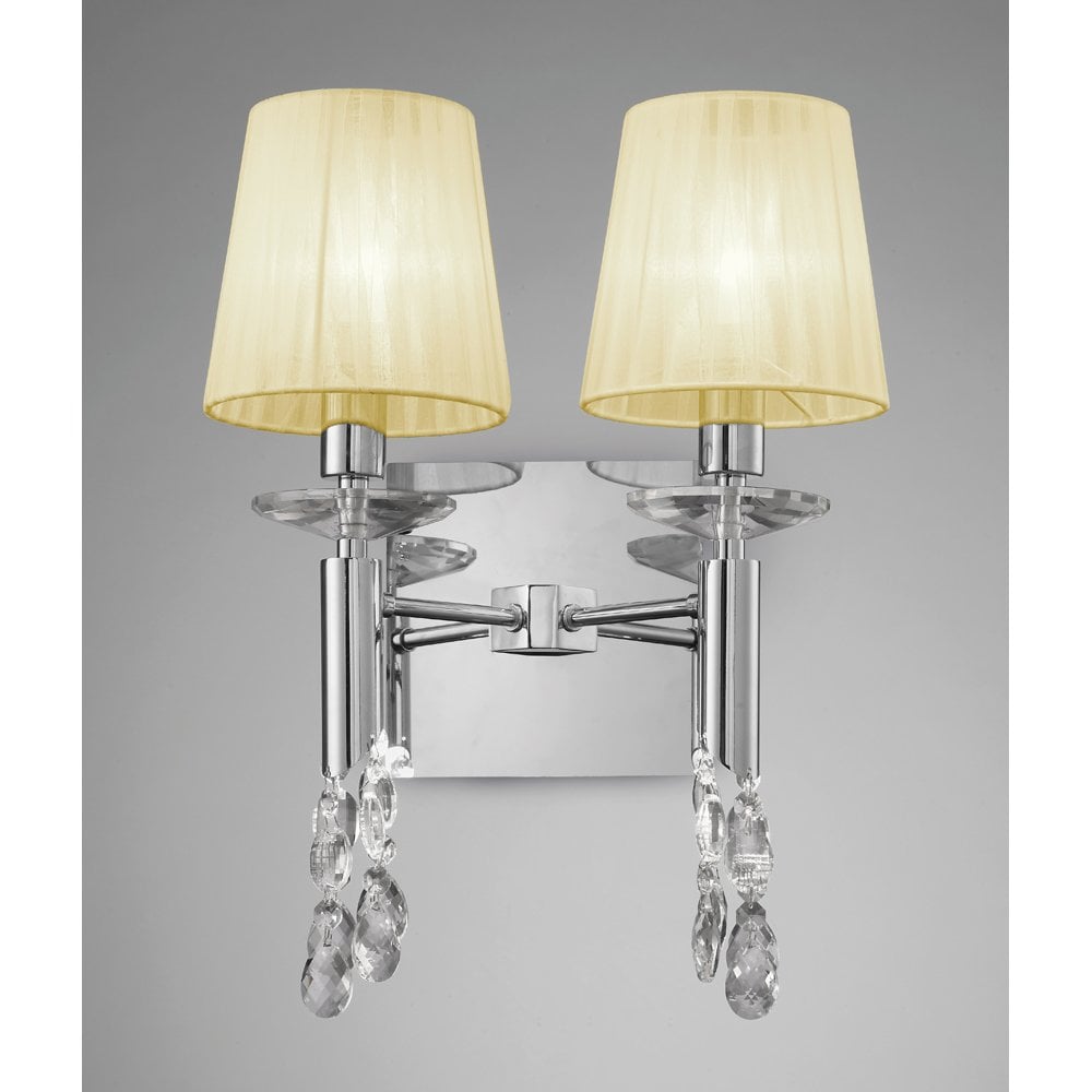 Sophisticated Switched Wall Lamp with Crystal Accents and Cream Shades in Polished Chrome