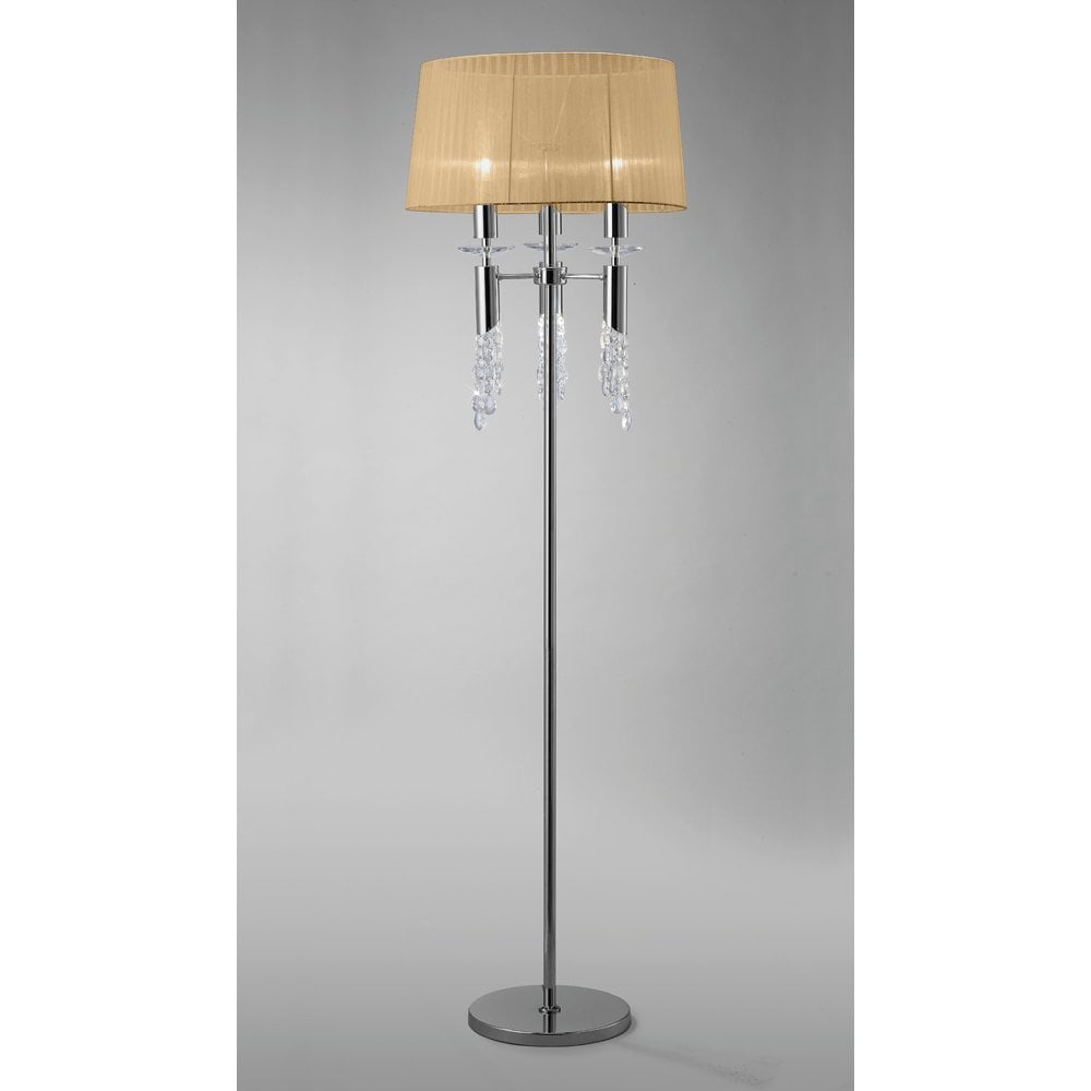 Elegant Tiffany Crystal Floor Lamp: Polished Chrome with Soft Bronze Shade and Clear Accents