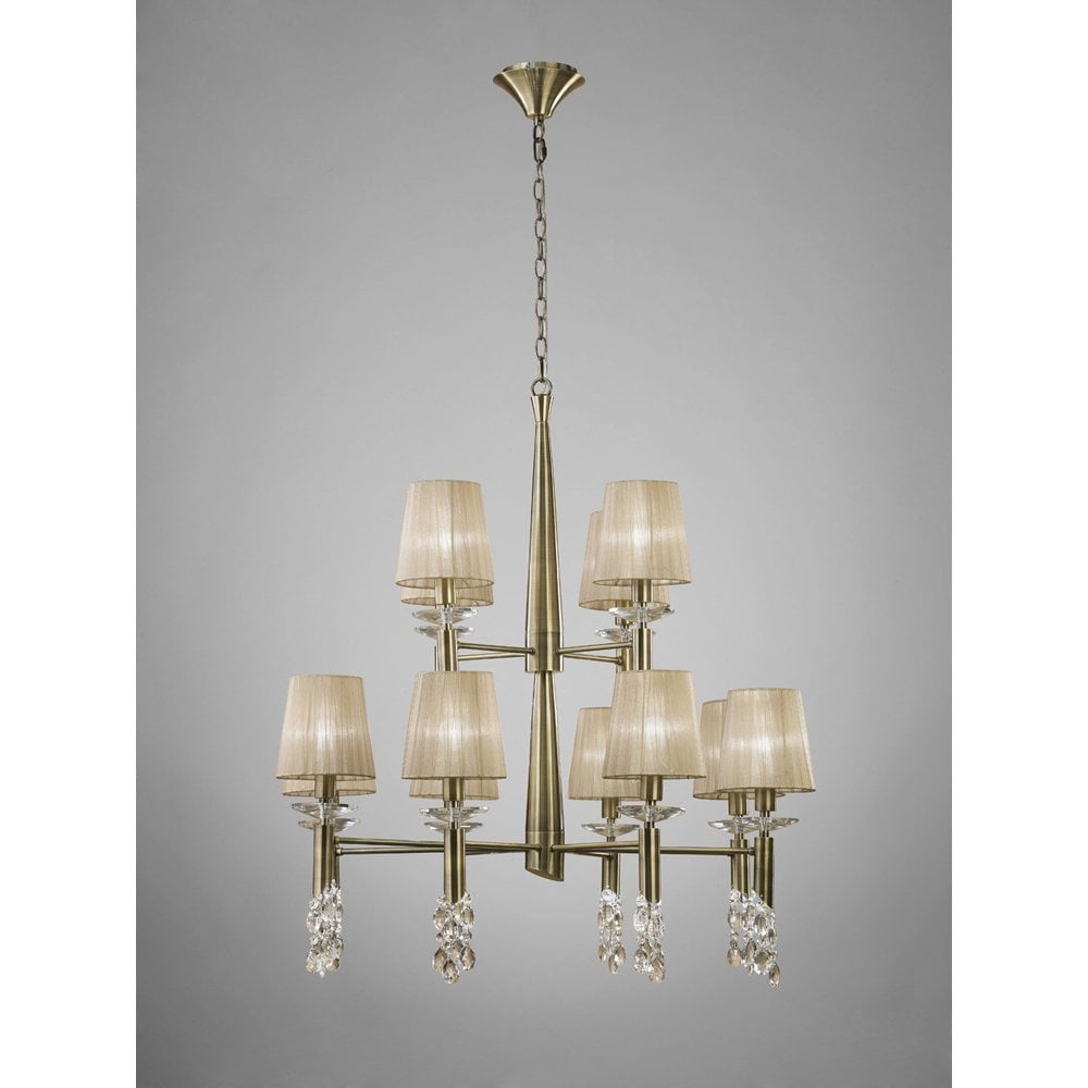 Tiffany Dual-Tier 24-Light Chandelier in Antique Brass with Soft Bronze Shades & Clear Crystal