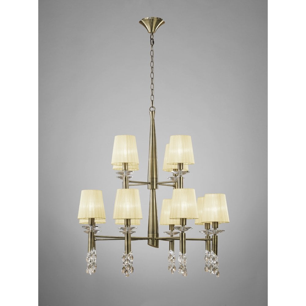 Elegant Tiffany 2-Tier Chandelier with Cream Shades & Crystal Accents in Antique Brass