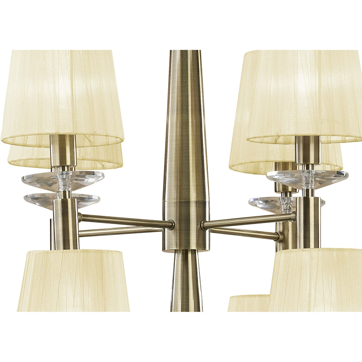 Elegant Tiffany 2-Tier Chandelier with Cream Shades & Crystal Accents in Antique Brass