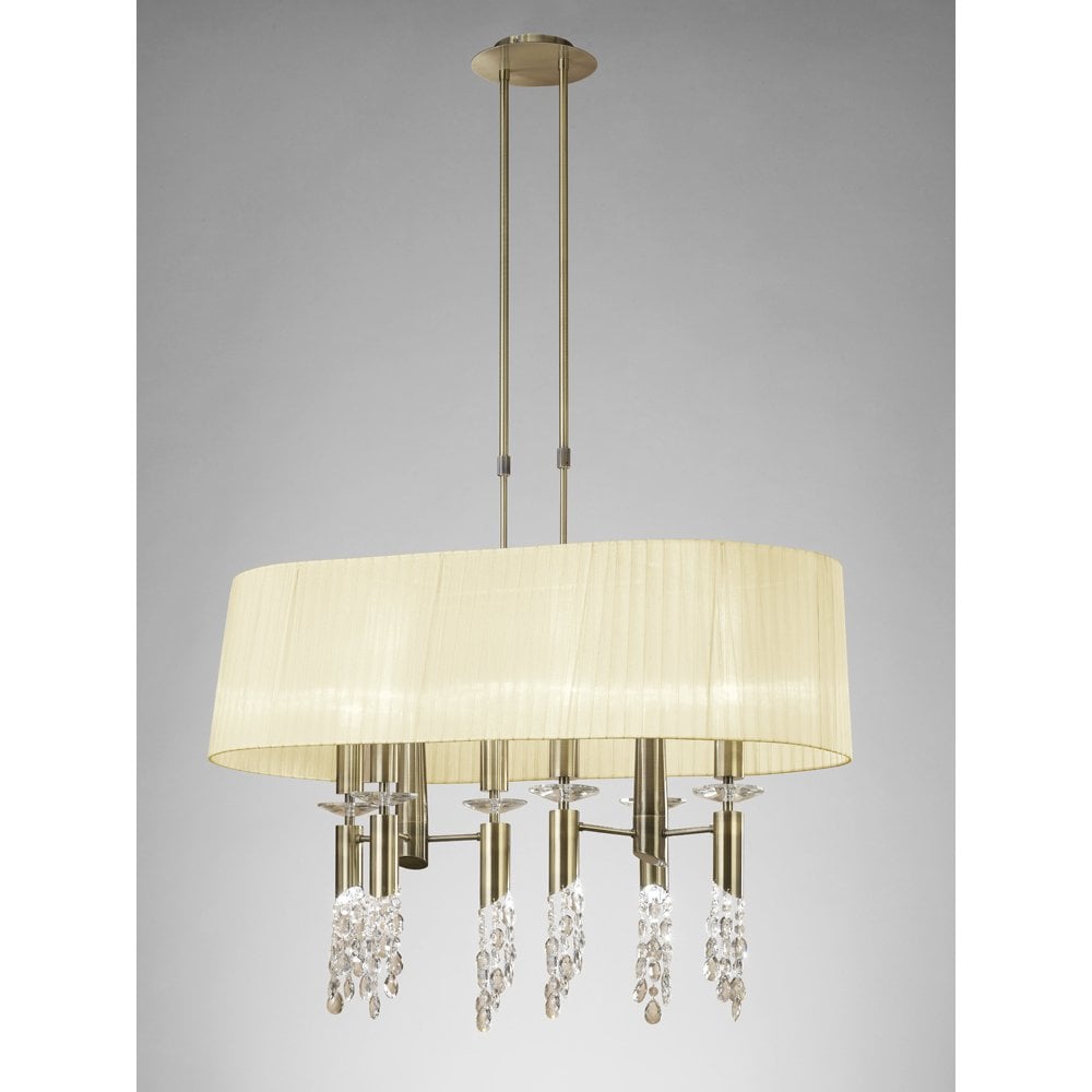 Luxurious Tiffany Pendant Chandelier: 6+6 Light, Antique Brass & Cream Shade with Clear Crystals