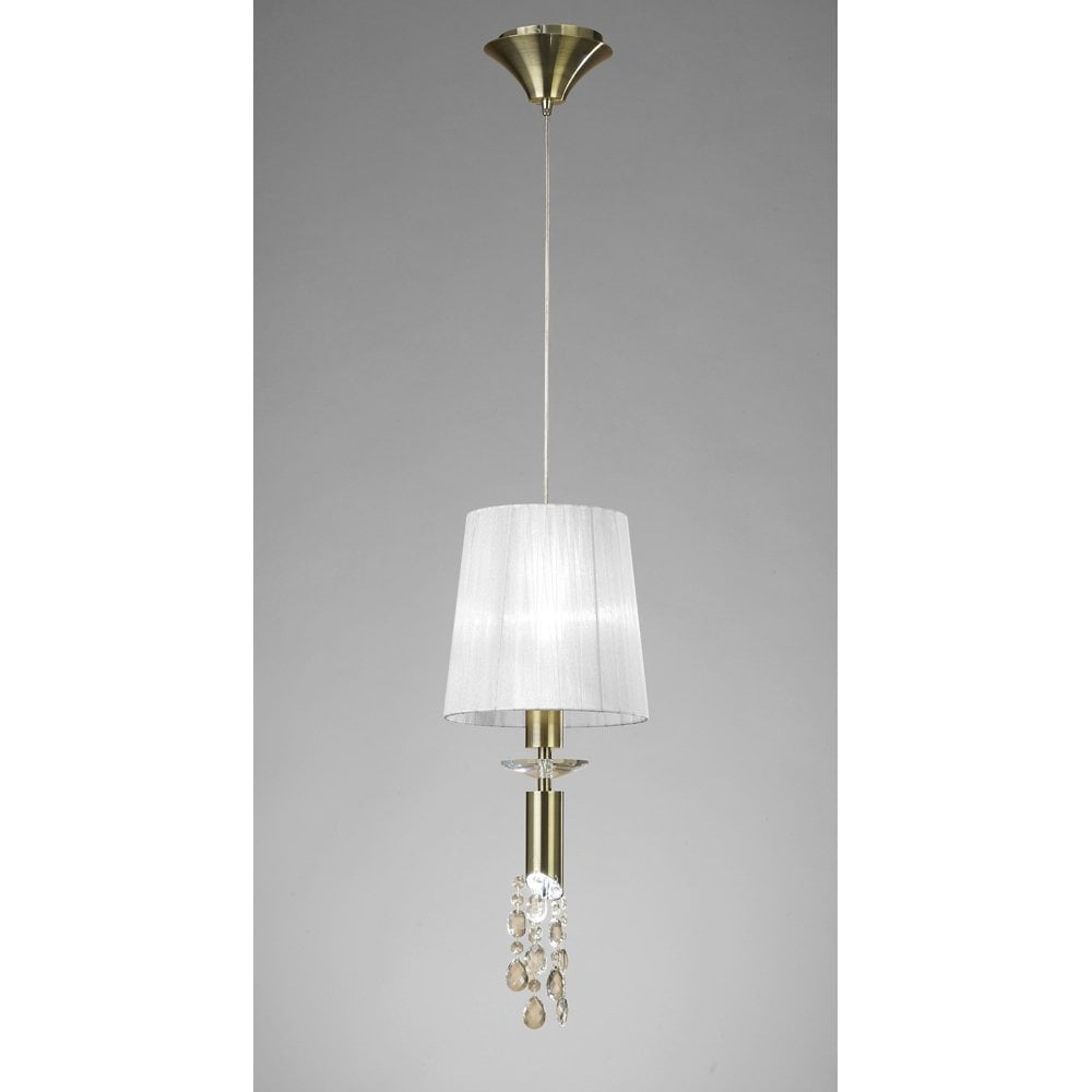 Antique Brass Tiffany Pendant Light with White Shade & Clear Crystal Design