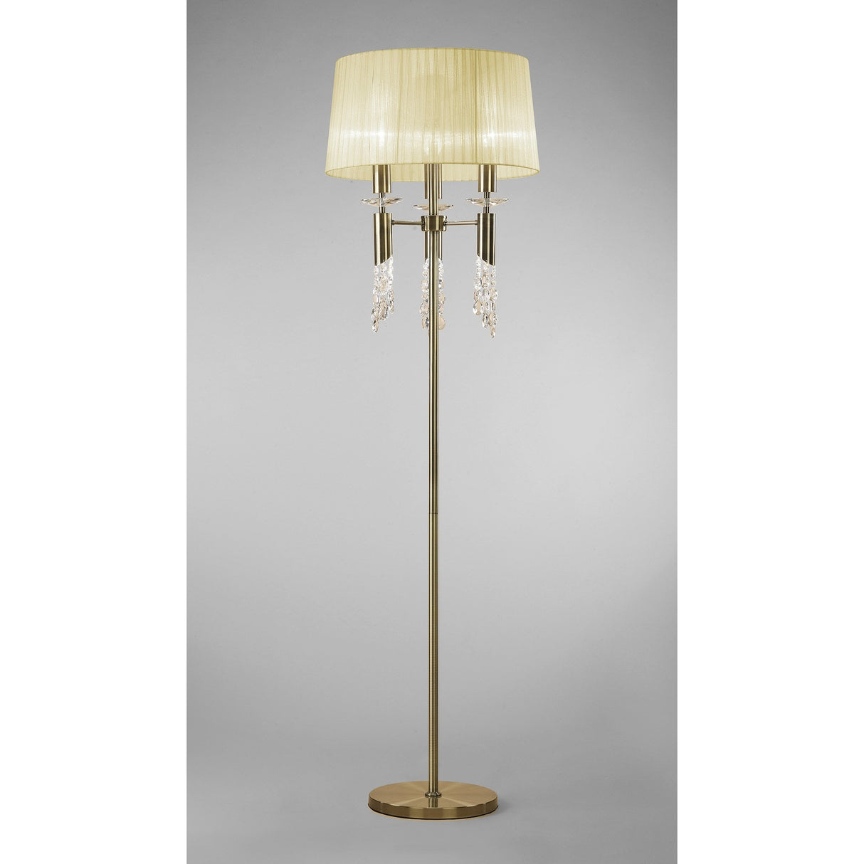 Antique Brass Tiffany Floor Lamp with Cream Shade & Clear Crystals - 3+3 Light E27+G9