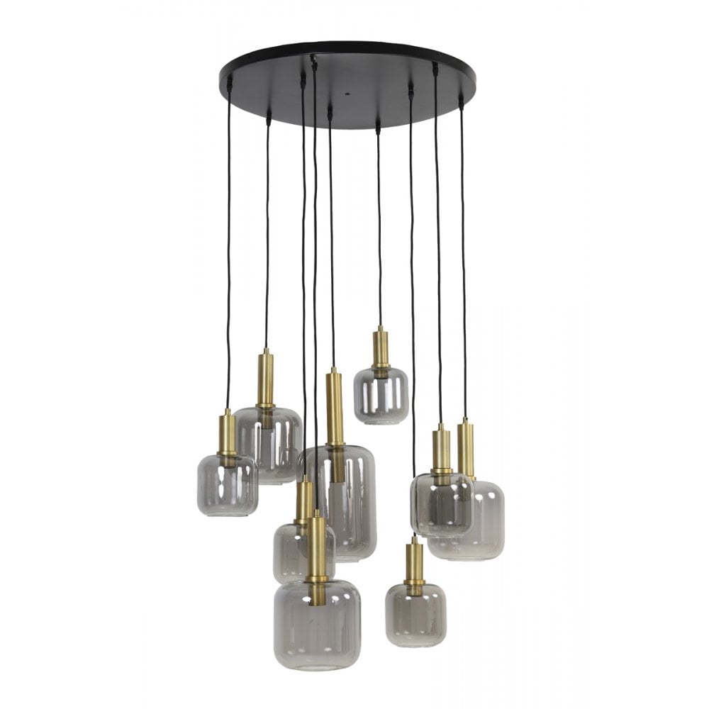 Antique Bronze Hanging Lamp with 9 Smoky Glass Lights - 83.5x79.5 cm