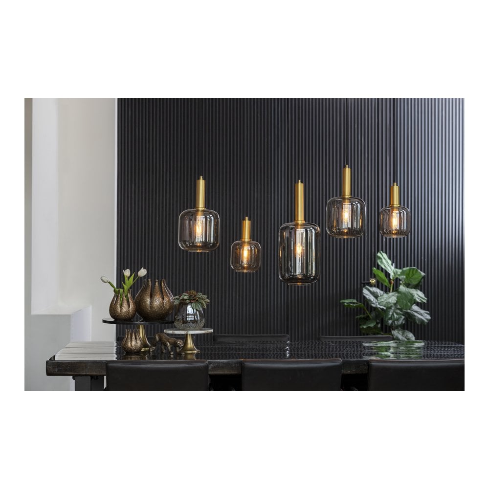 Vintage Bronze and Smoked Glass Pendant Light Fixture - 5 Lights, Rectangular Design