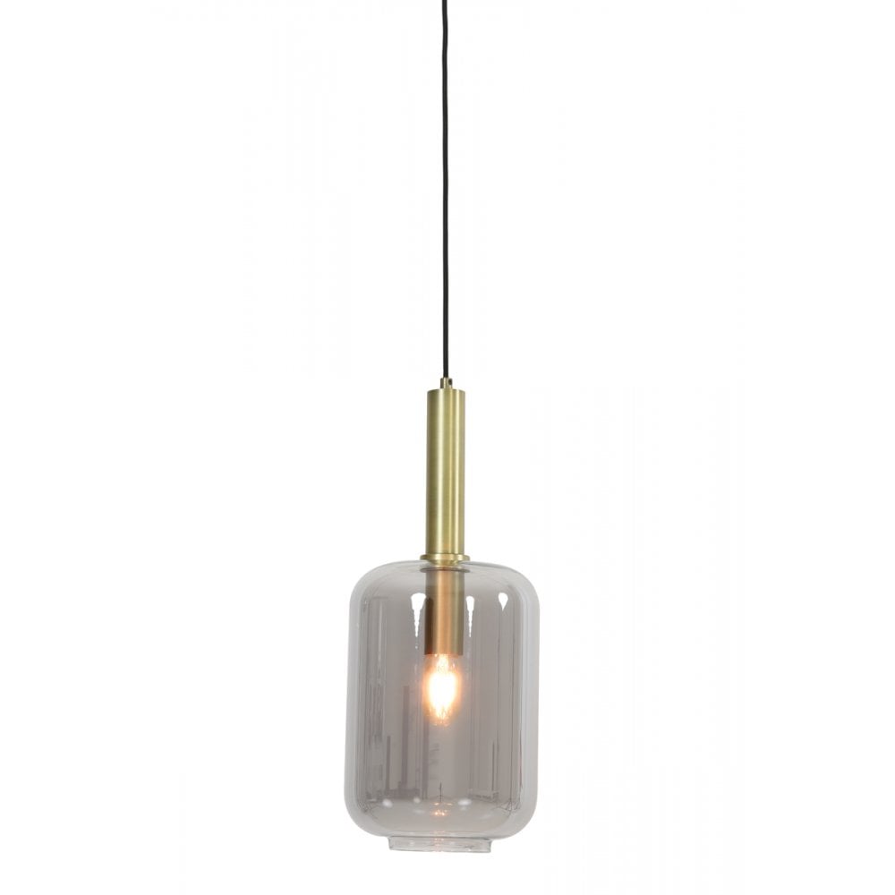 Antique Brass & Smoked Glass Pendant Light 22x32cm