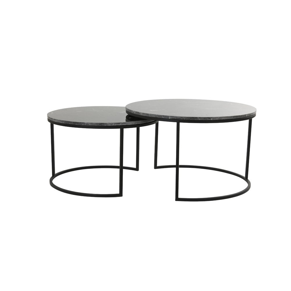 Round Alfio Nesting Coffee Tables Set in Brown Marble and Black Finish