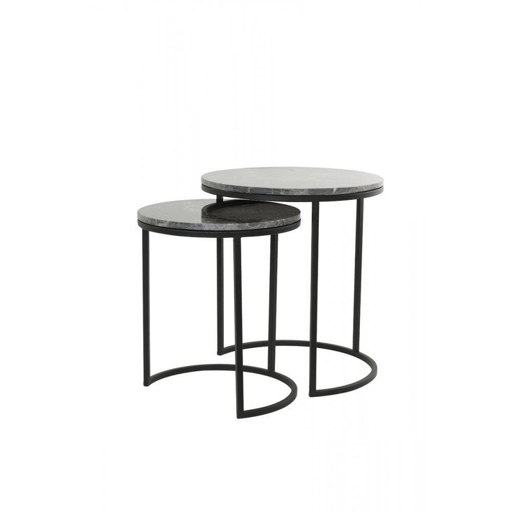 Alfio Brown Marble Nesting Side Tables Set of 2 - Modern Round Design