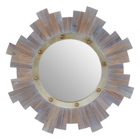 Sunburst Wooden Wall Mirror With Nailhead, Grey