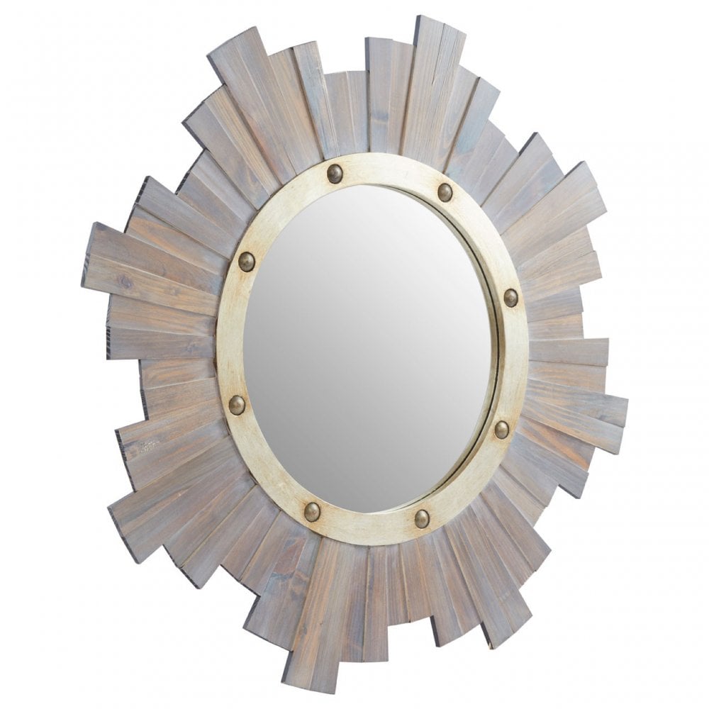 Sunburst Wooden Wall Mirror With Nailhead, Grey