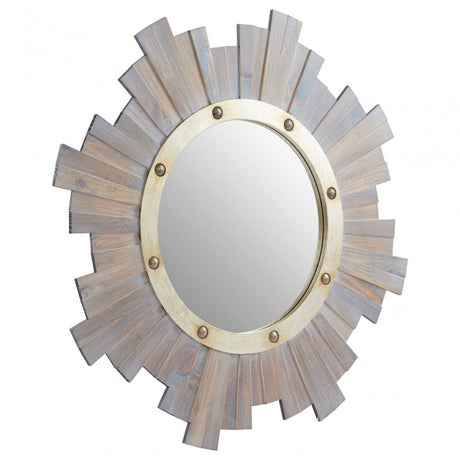 Sunburst Wooden Wall Mirror With Nailhead, Grey