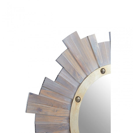 Sunburst Wooden Wall Mirror With Nailhead, Grey
