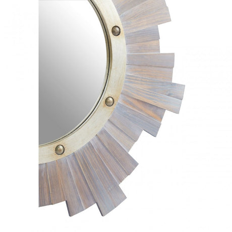 Sunburst Wooden Wall Mirror With Nailhead, Grey