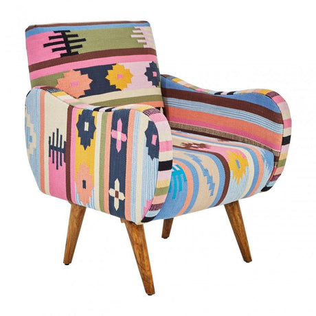 Cefena Multi-Coloured Fabric Chair With Mango Wood Legs, Multi-Coloured