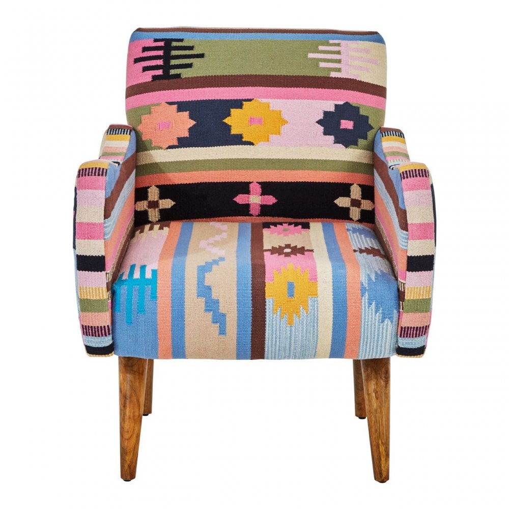 Cefena Multi-Coloured Fabric Chair With Mango Wood Legs, Multi-Coloured