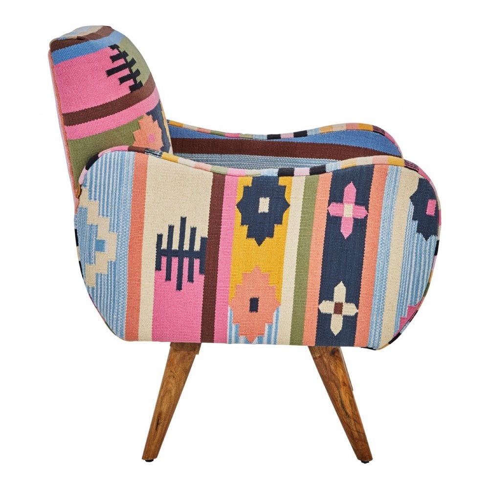 Cefena Multi-Coloured Fabric Chair With Mango Wood Legs, Multi-Coloured