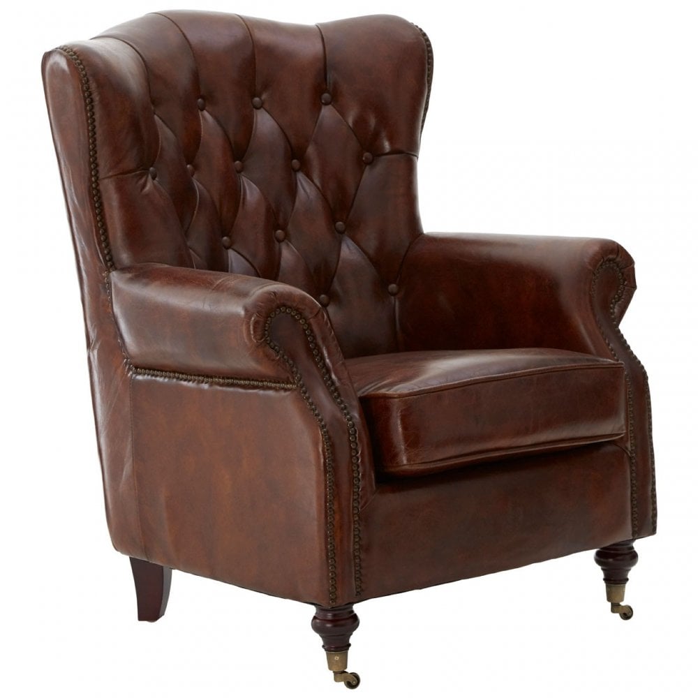 Victor Brown Leather Scroll Armchair, Brown