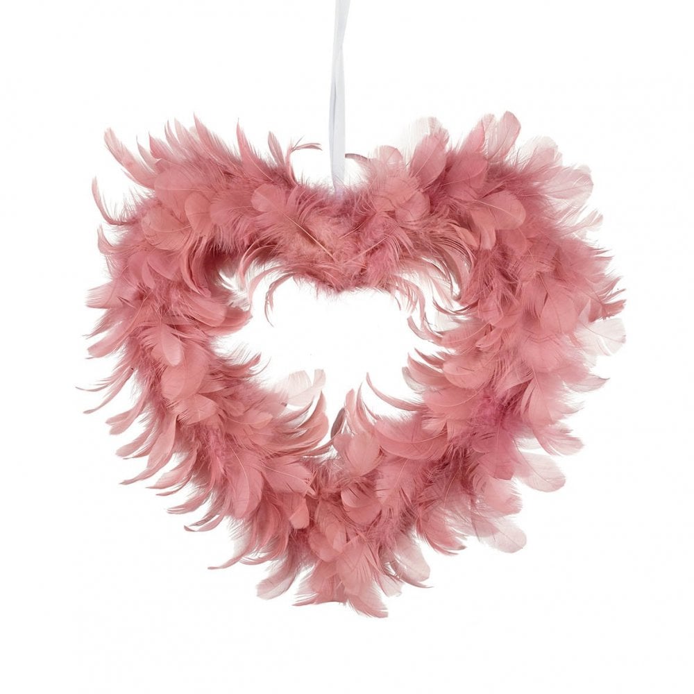 Heart Hanging W/Feathers H270mm Blush
