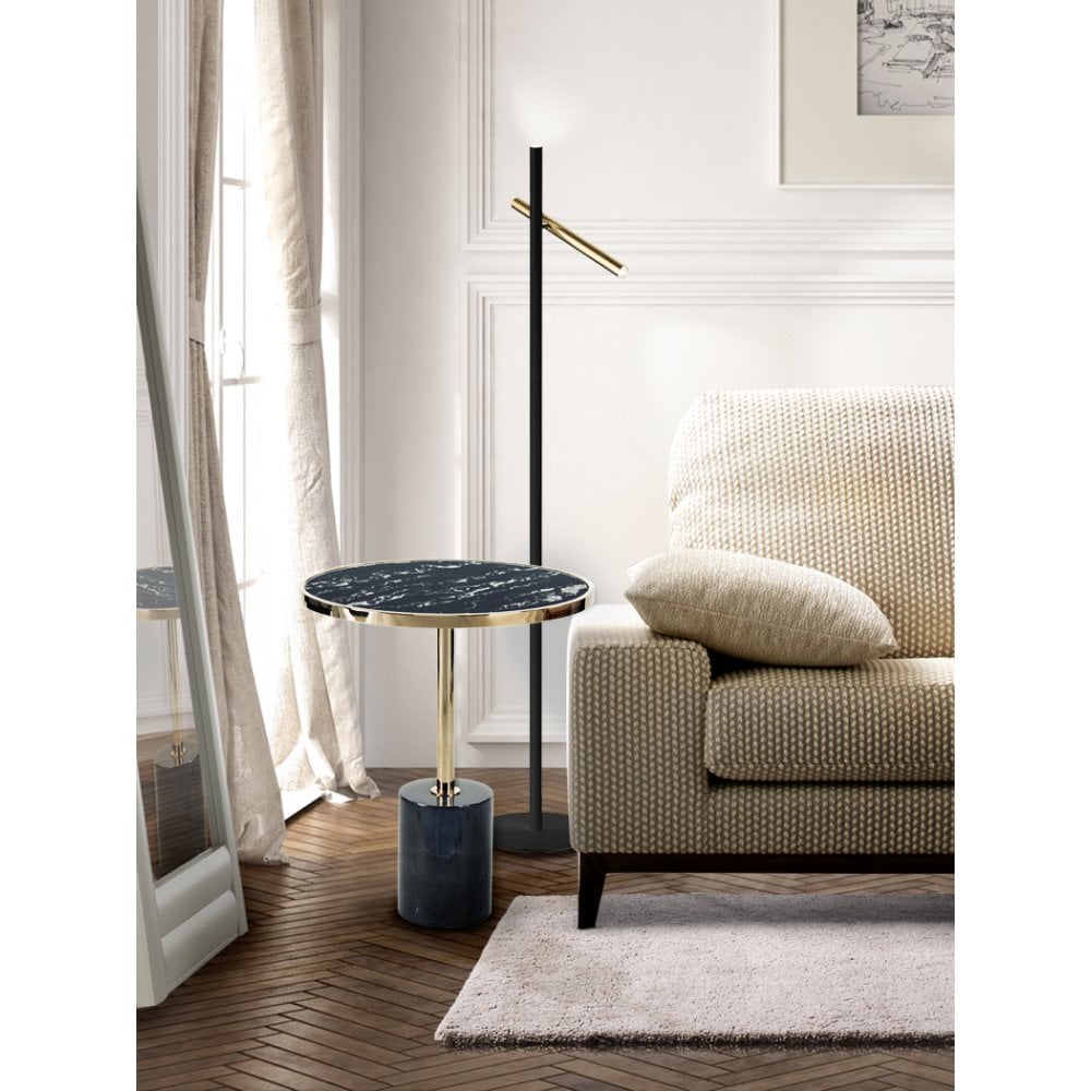 Dekala Elegance: Black and Gold Side Table with Marble and Glass Finishes