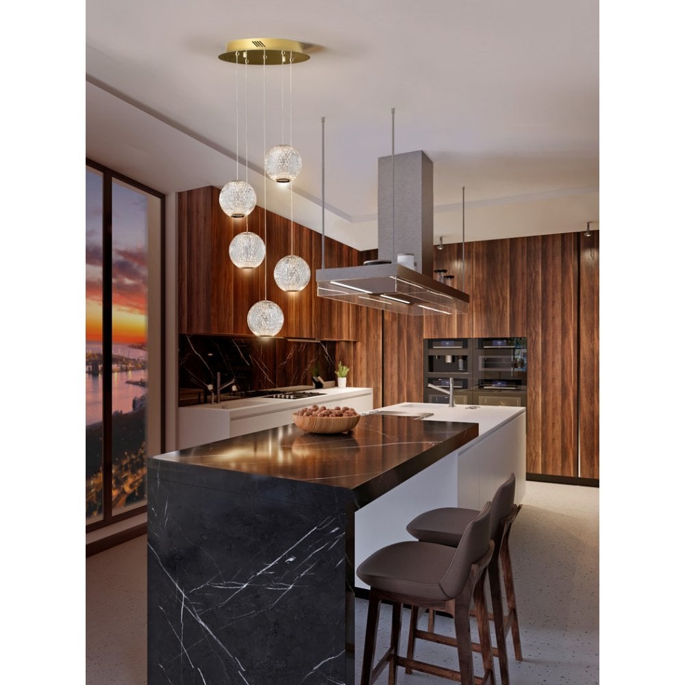 Elegant Golden Austral LED Pendant Lamp with 5 Spherical Shades