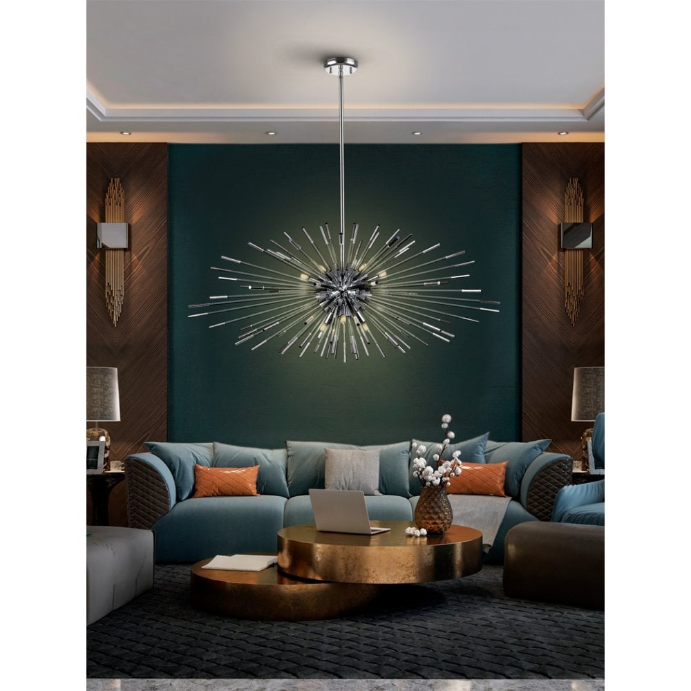 Evasion Chrome Starburst Pendant Lamp: 9-Bulb Modern Design, Adjustable & Dimmable