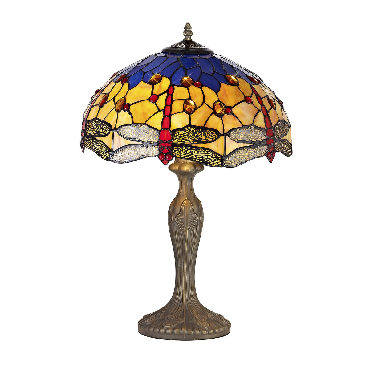 Elegant Curved Dual-Light Tiffany Table Lamp with Blue/Orange Crystal Shade and Antique Brass Finish