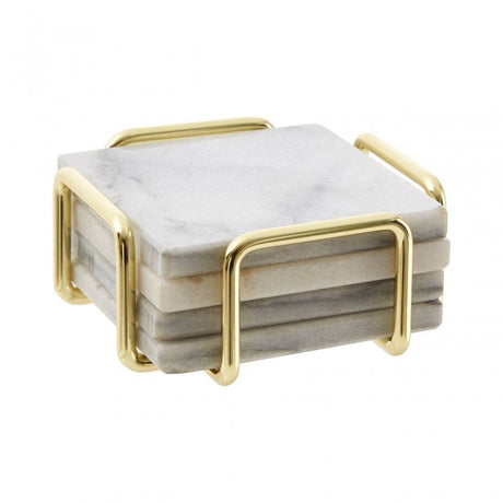 Set Of 4 White Marble / Brass Coasters