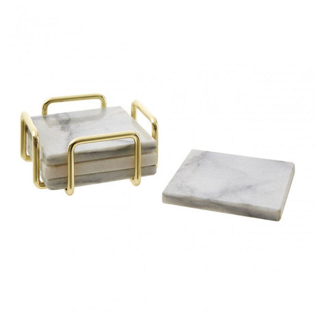Set Of 4 White Marble / Brass Coasters