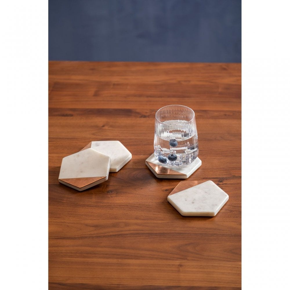 Set Of 4 White Marble / Copper Inlay Coasters