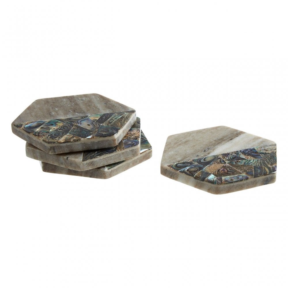 Set Of 4 Beige Marble / Paua Shell Coasters