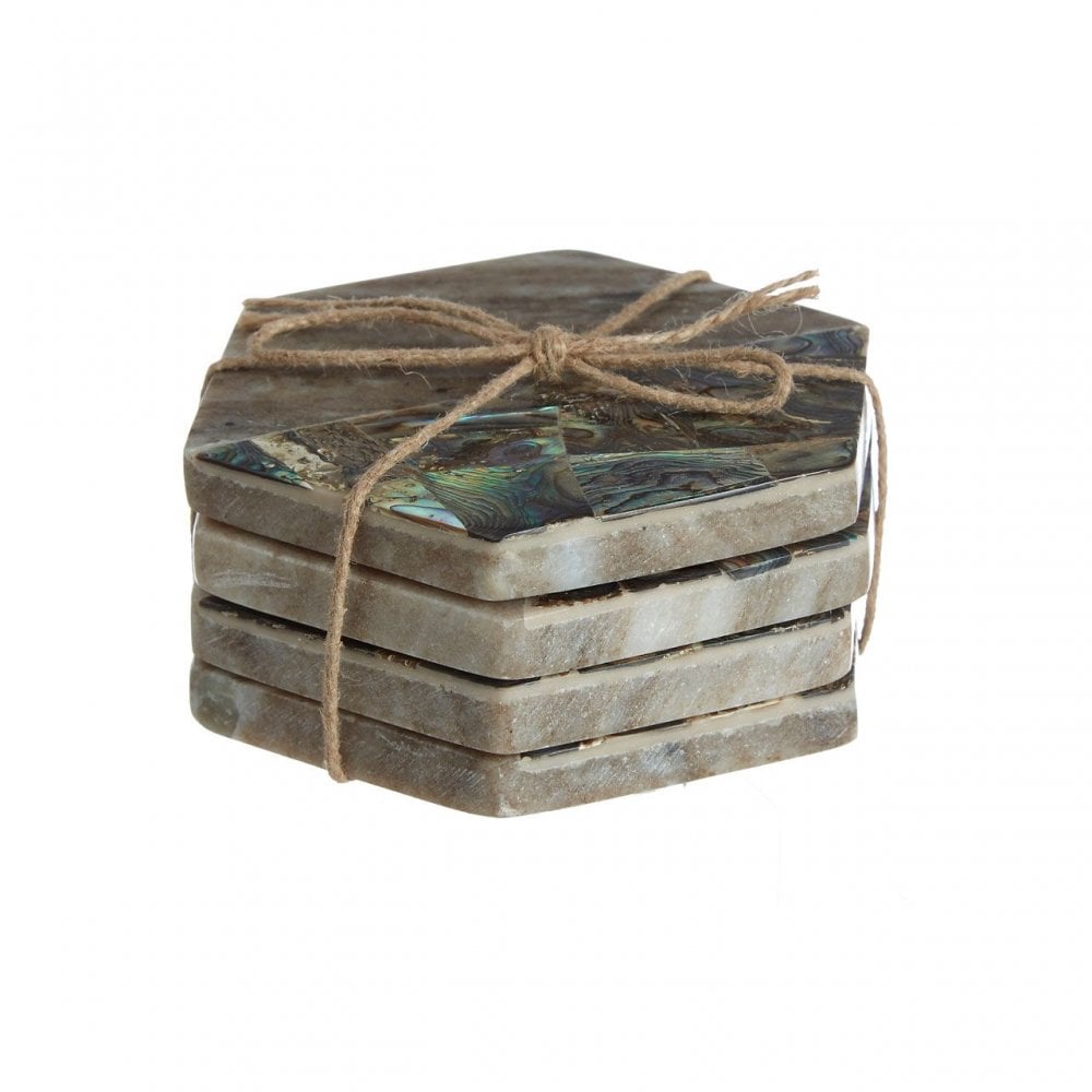 Set Of 4 Beige Marble / Paua Shell Coasters
