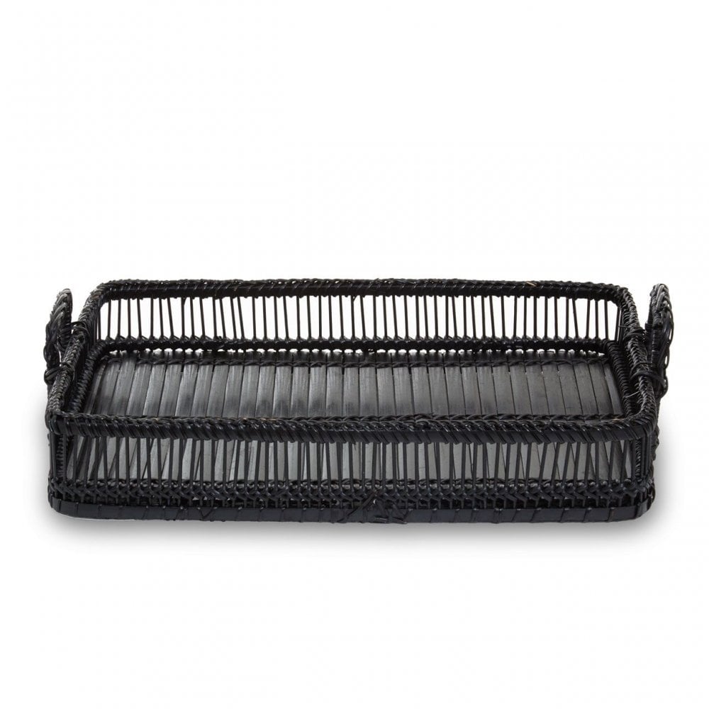 Rectangular Black Rattan And Bamboo Tray