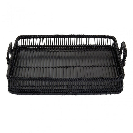 Rectangular Black Rattan And Bamboo Tray