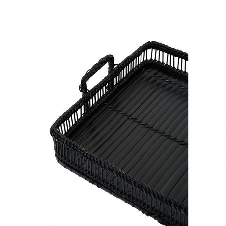 Rectangular Black Rattan And Bamboo Tray