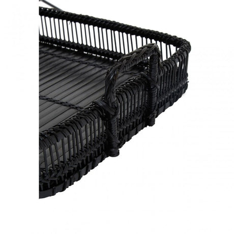 Rectangular Black Rattan And Bamboo Tray